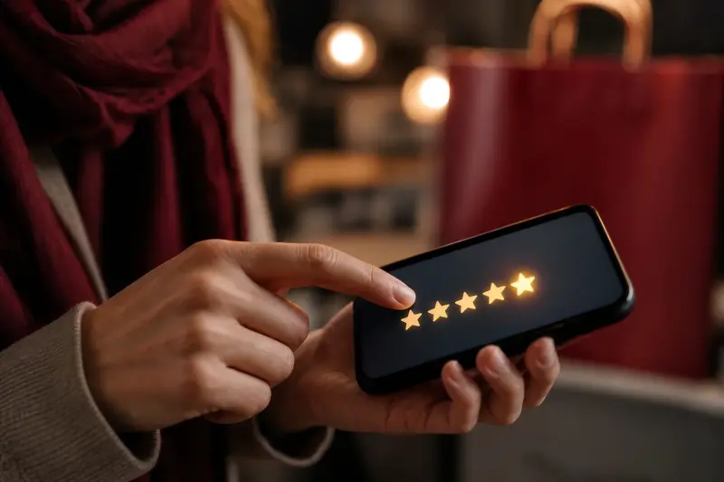 Kunde gibt Bewertung auf Smartphone