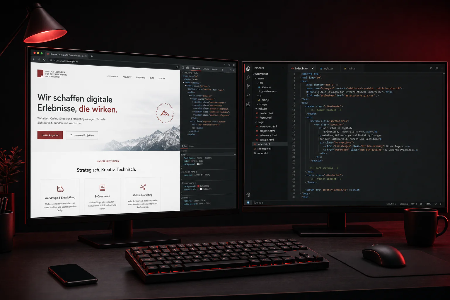 Arbeitsplatz mit zwei Monitoren: Website im Dev-Modus und Code-Editor